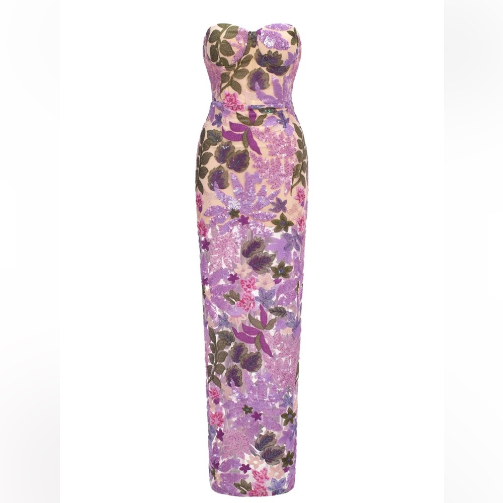 Bella Barnett Floral Sequin Strapless Maxi Dress Purple Embroidered Mesh M - Picture 2 of 13